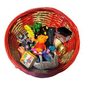 Junk Drawer Lot of 20 Mini Figure Toys Red Wicker Basket